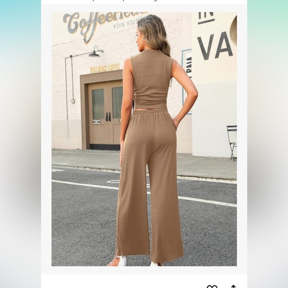 New 2 Piece Knit Ribbed Lounge Set -Sleeveless Crop Tank Top -Wide Leg Pants Set - Picture 3 of 4